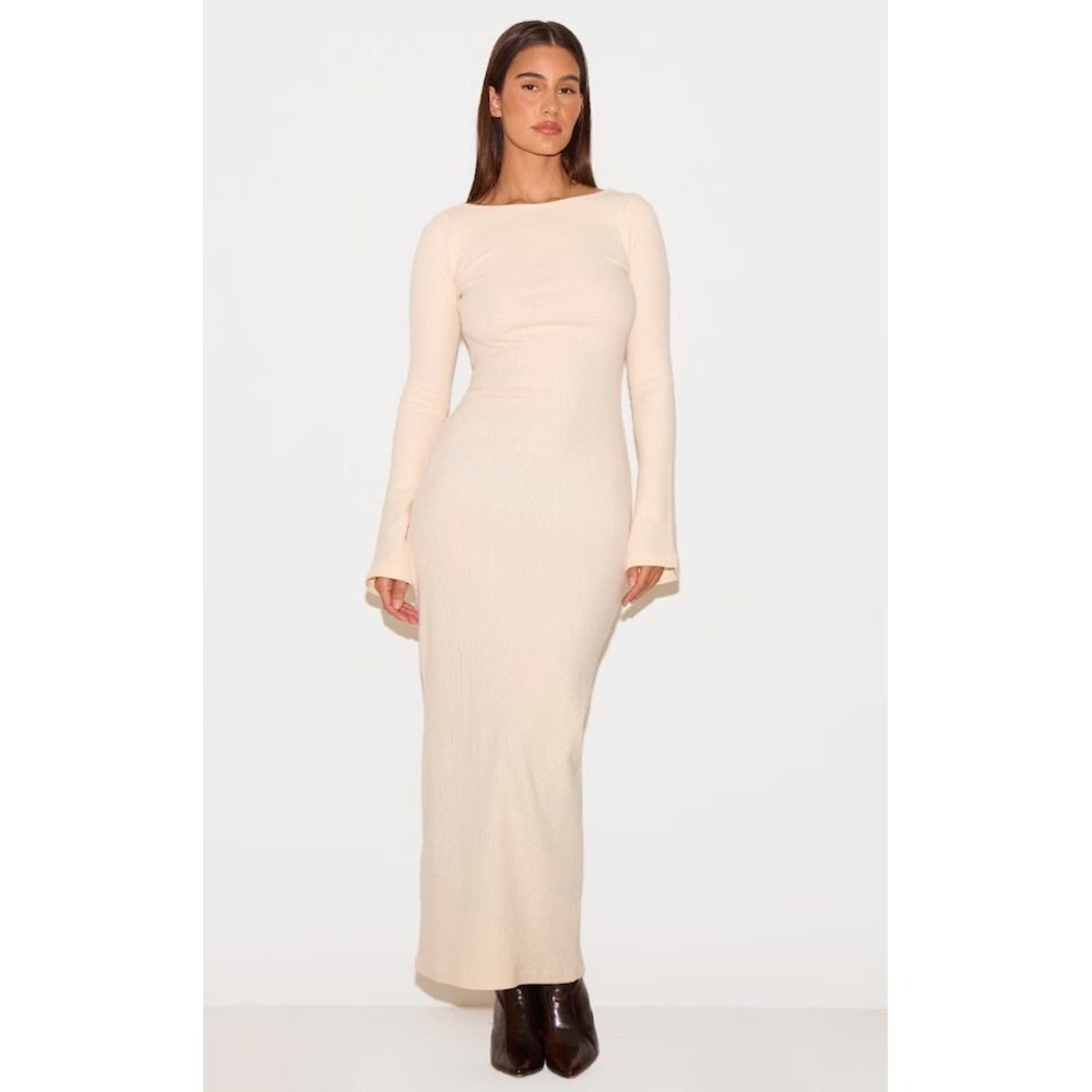 Pretty Little Thing Maternity Cream Heavy Brushed Rib Maxi Dress US Size L (12)